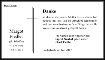 Traueranzeige von Margot Fiedler von VRM Trauer