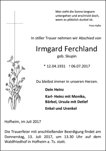 Traueranzeige von Irmgard Ferchland von Trauerportal Rhein Main Presse