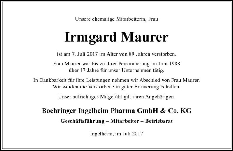  Traueranzeige für Irmgard Maurer vom 21.07.2017 aus Trauerportal Rhein Main Presse