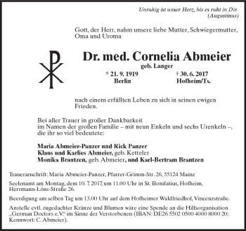 Traueranzeige von Cornelia Abmeier von Trauerportal Rhein Main Presse
