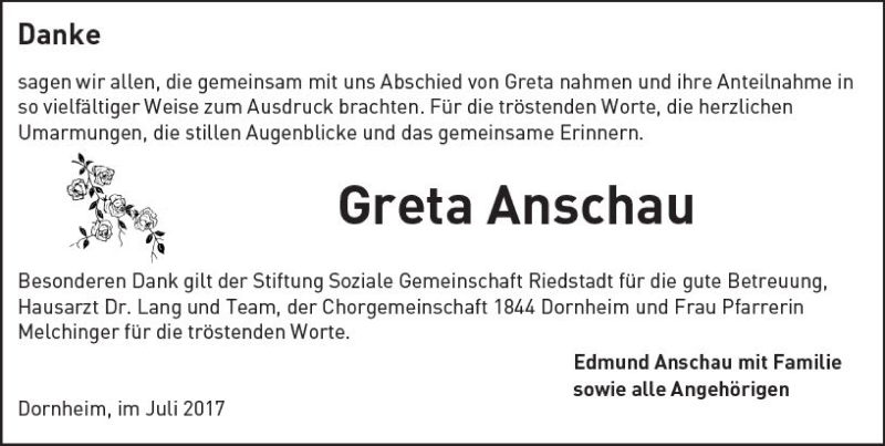  Traueranzeige für Greta Anschau vom 01.07.2017 aus Trauerportal Echo Online