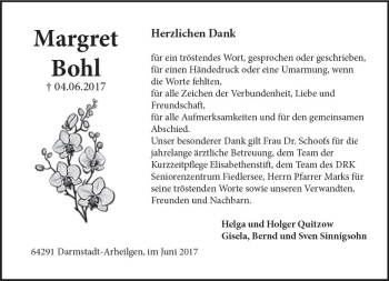 Traueranzeige von Margret Bohl von Trauerportal Echo Online