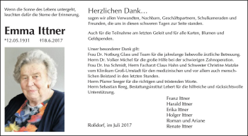 Traueranzeige von Emma Ittner von Trauerportal Echo Online