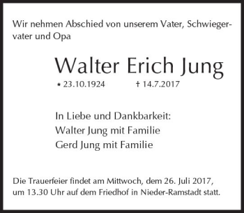 Traueranzeige von Walter Erich Jung von Trauerportal Echo Online