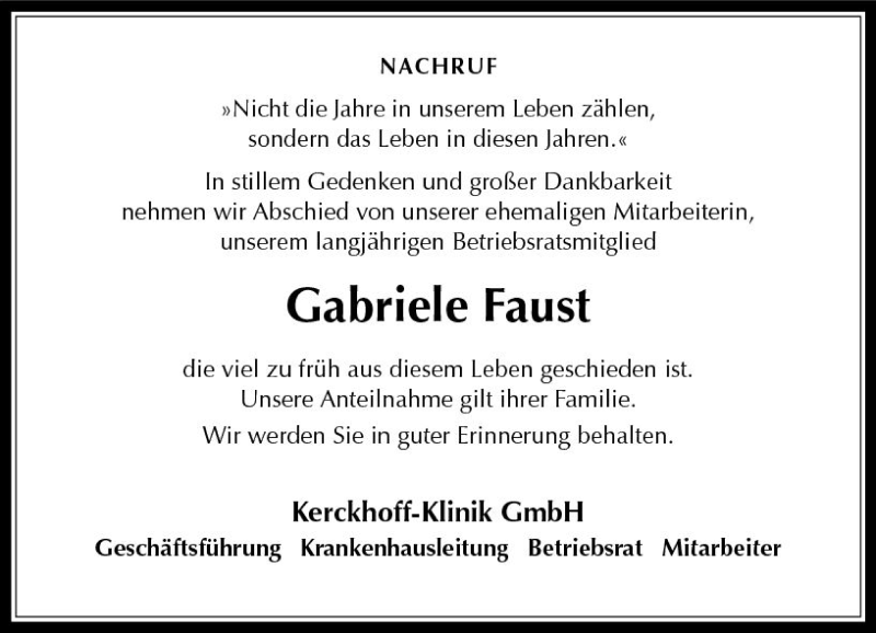 Traueranzeige für Gabriele Faust vom 01.07.2017 aus  Kreisanzeiger