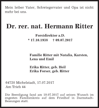 Traueranzeige von Hermann Ritter von Trauerportal Rhein Main Presse