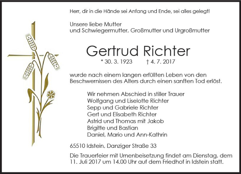  Traueranzeige für Gertrud Richter vom 08.07.2017 aus Trauerportal Rhein Main Presse