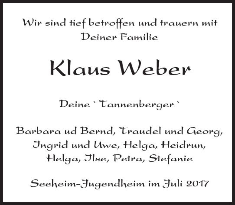  Traueranzeige für Klaus Weber vom 08.07.2017 aus Trauerportal Echo Online