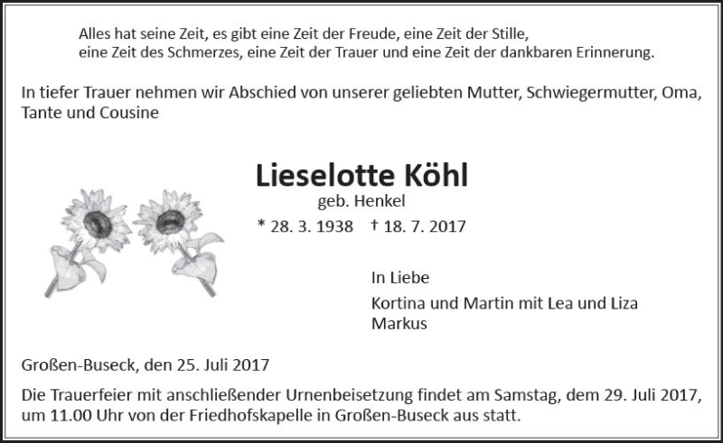  Traueranzeige für Lieselotte Köhl vom 25.07.2017 aus  Gießener Anzeiger
