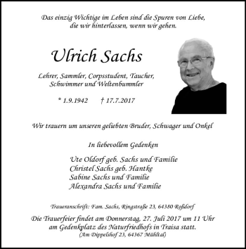 Traueranzeige von Ulrich Sachs von Trauerportal Echo Online