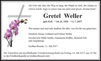 Traueranzeige von Gretel Weller von  Gießener Anzeiger