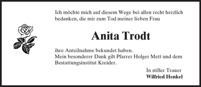  Traueranzeige für Anita Trodt vom 01.07.2017 aus Trauerportal Rhein Main Presse