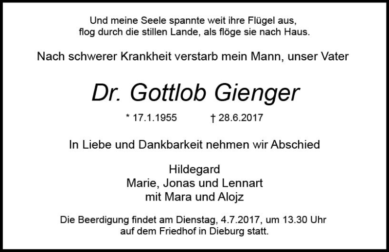 Traueranzeige für Gottlob Gienger vom 01.07.2017 aus Trauerportal Echo Online