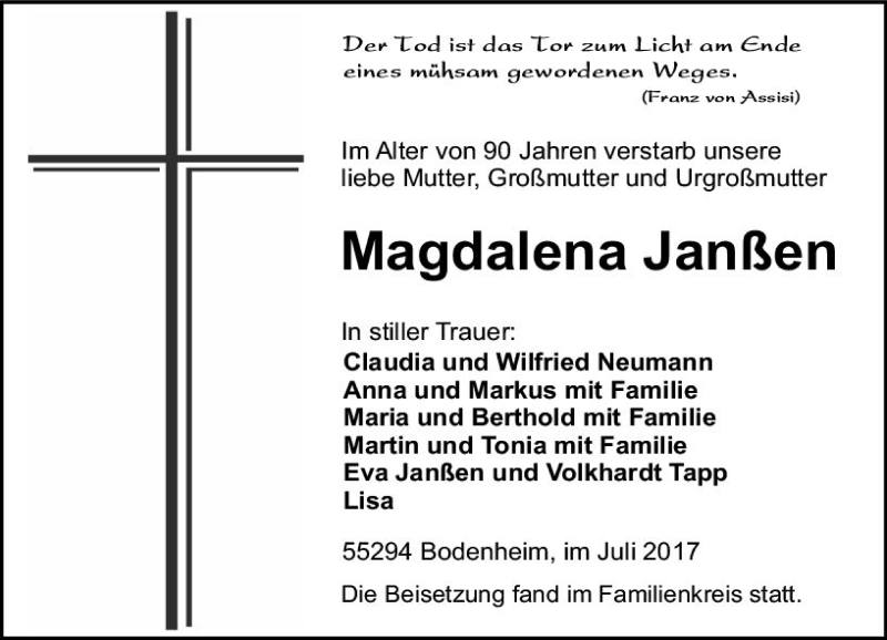  Traueranzeige für Magdalena Janßen vom 14.07.2017 aus Trauerportal Rhein Main Presse