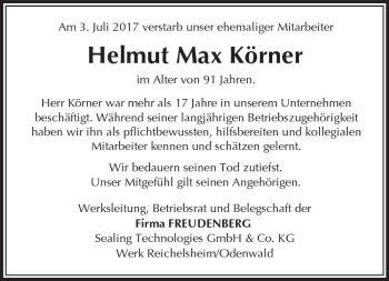 Traueranzeige von Helmut Max Körner von Trauerportal Echo Online