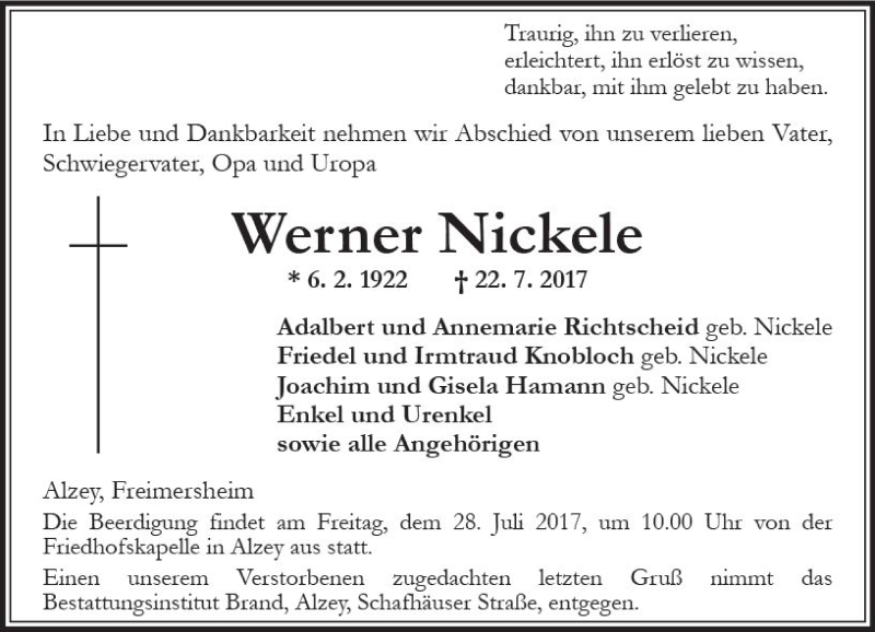  Traueranzeige für Werner Nickele vom 25.07.2017 aus Trauerportal Rhein Main Presse