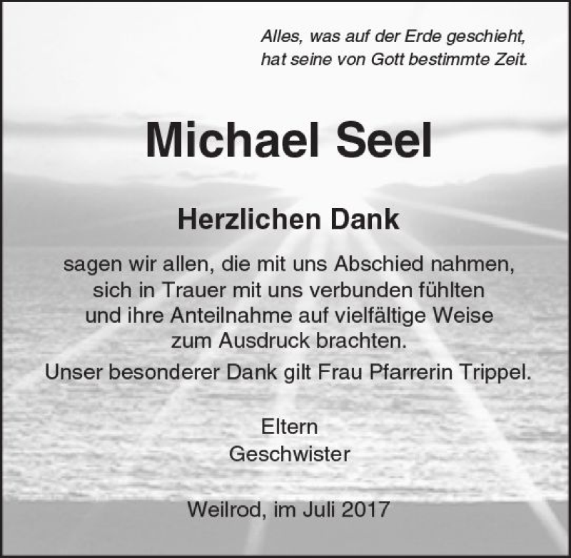 Traueranzeige für Michael Seel vom 08.07.2017 aus  Usinger Anzeiger