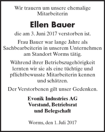 Traueranzeige von Ellen Bauer von Trauerportal Rhein Main Presse