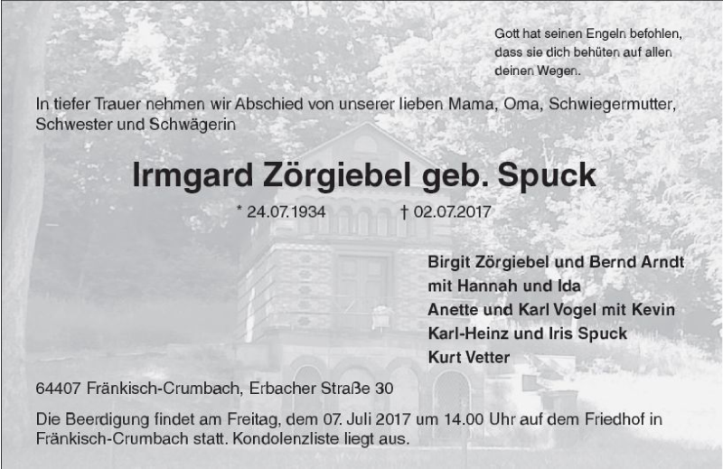 Traueranzeige für Irmgard Zörgiebel vom 05.07.2017 aus Trauerportal Echo Online