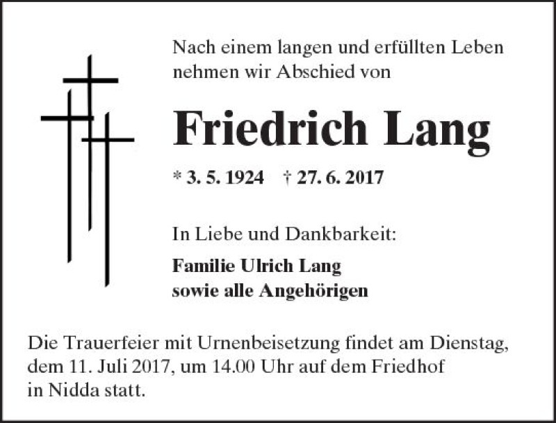  Traueranzeige für Friedrich Lang vom 01.07.2017 aus  Kreisanzeiger