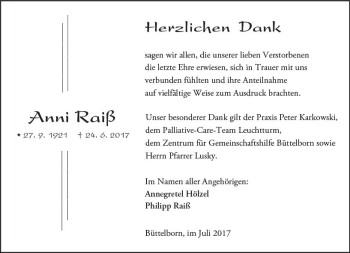 Traueranzeige von Anni Raiß von Trauerportal Echo Online