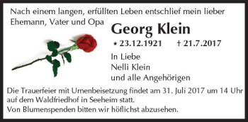 Traueranzeige von Georg Klein von Trauerportal Echo Online