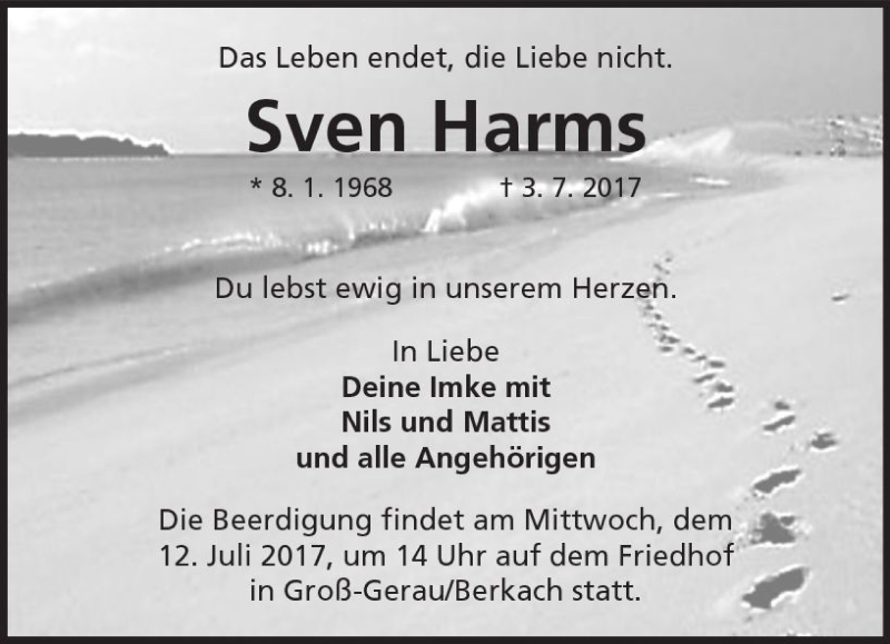  Traueranzeige für Sven Harms vom 08.07.2017 aus Trauerportal Echo Online