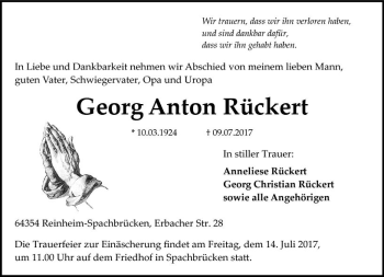 Traueranzeige von Georg Anton Rückert von Trauerportal Echo Online