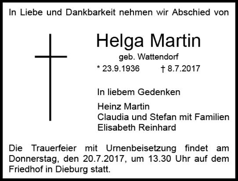  Traueranzeige für Helga Martin vom 15.07.2017 aus Trauerportal Echo Online
