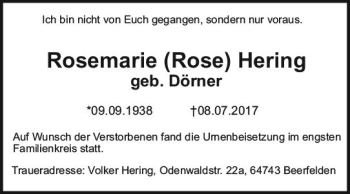 Traueranzeige von Rosemarie  Hering von Trauerportal Echo Online