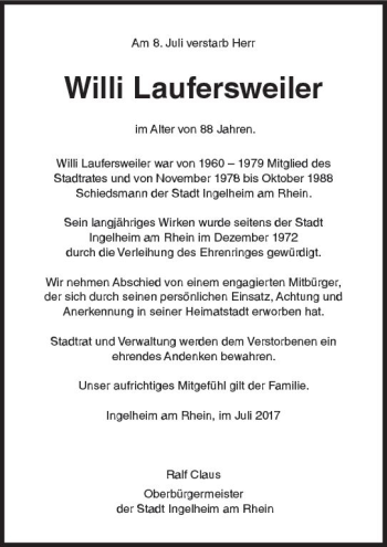 Traueranzeige von Willi Laufersweiler von Trauerportal Rhein Main Presse