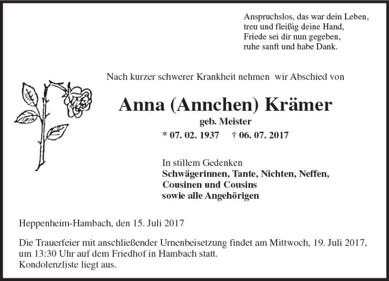  Traueranzeige für Anna Krämer vom 17.07.2017 aus Trauerportal Echo Online
