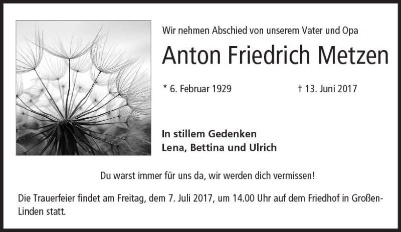  Traueranzeige für Anton Friedrich Metzen vom 07.07.2017 aus  Gießener Anzeiger