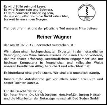 Traueranzeige von Reiner Wagner von Trauerportal Rhein Main Presse
