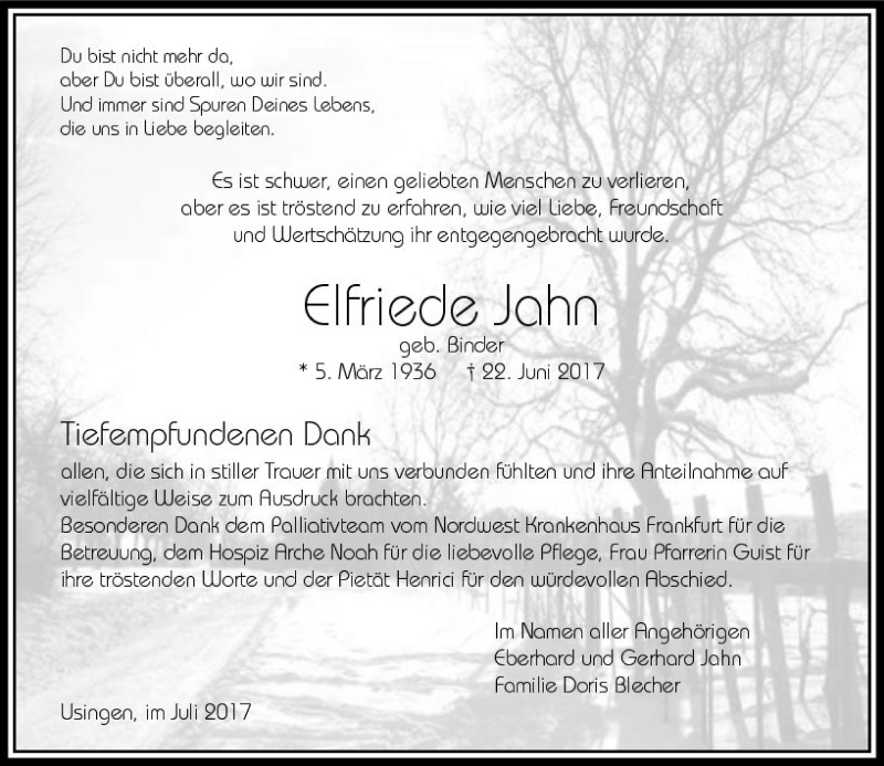  Traueranzeige für Elfriede Jahn vom 11.07.2017 aus  Usinger Anzeiger