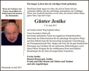 Traueranzeige von Günter Jenike von Trauerportal Echo Online