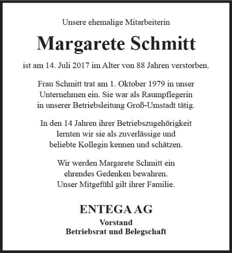  Traueranzeige für Margarete Schmitt vom 22.07.2017 aus Trauerportal Echo Online