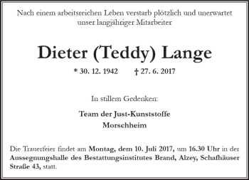 Traueranzeige von Dieter Lange von Trauerportal Rhein Main Presse