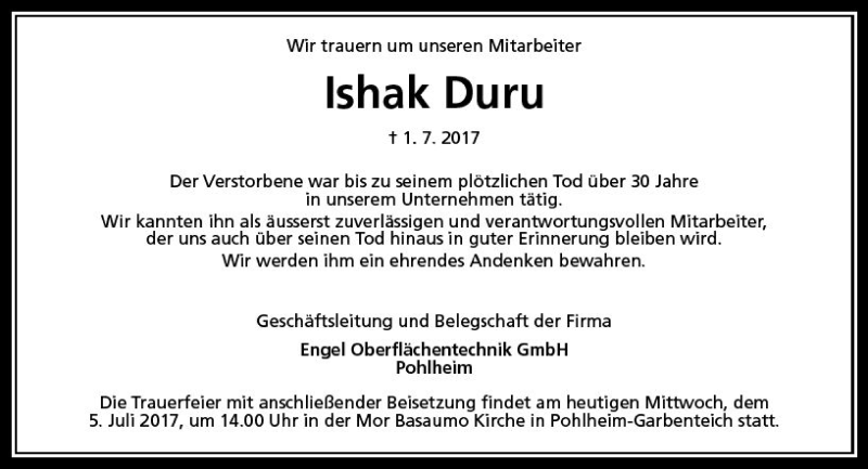  Traueranzeige für Ishak Duru vom 05.07.2017 aus  Gießener Anzeiger