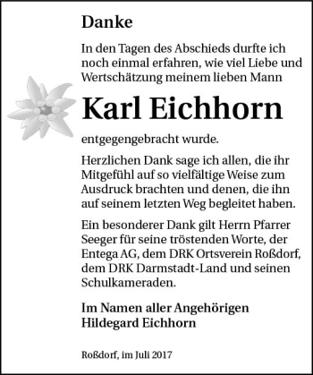 Traueranzeige von Karl Eichhorn von Trauerportal Echo Online