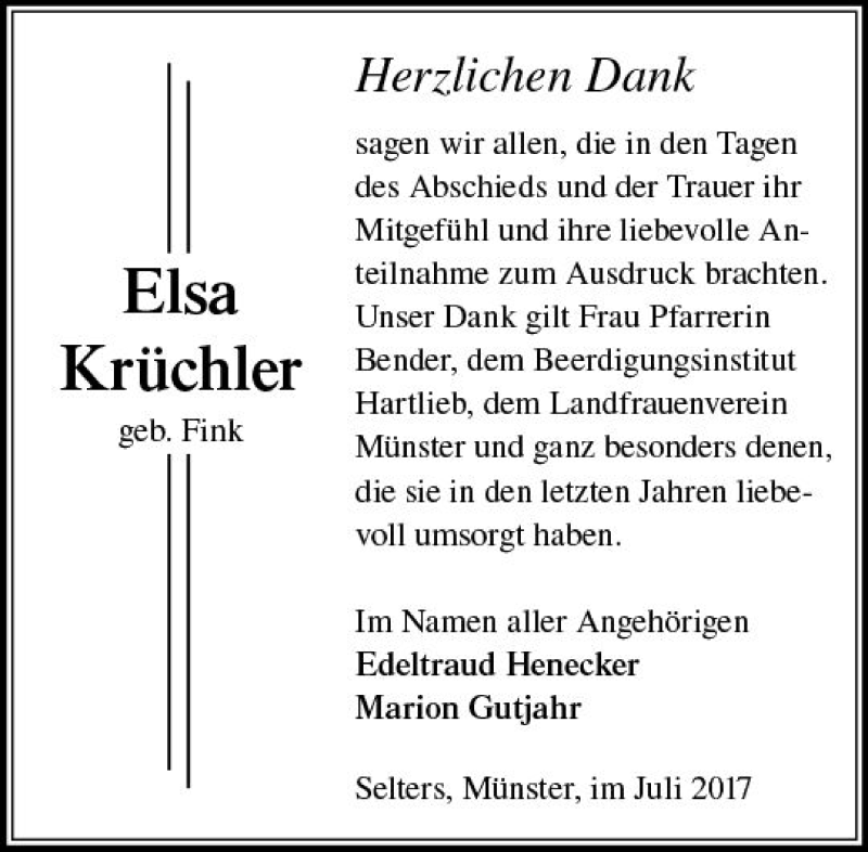 Traueranzeige für Elsa Krüchler vom 06.07.2017 aus  Camberger Anzeiger