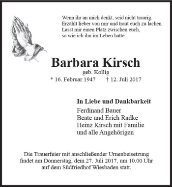 Traueranzeige von Barbara Kirsch von Trauerportal Rhein Main Presse