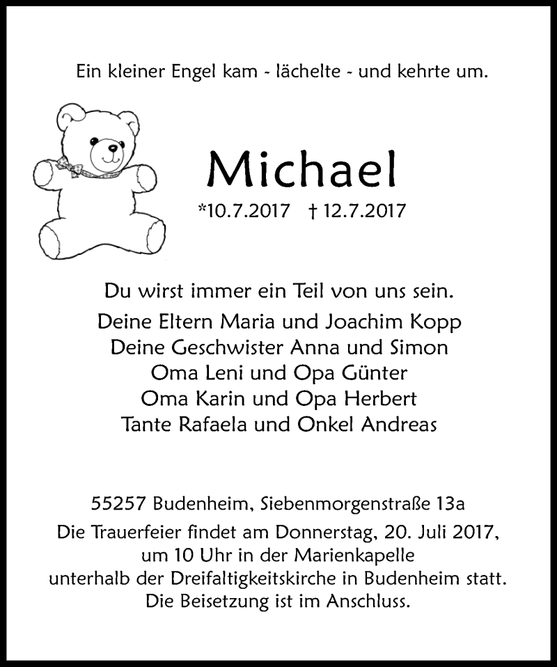  Traueranzeige für Michael  vom 19.07.2017 aus Trauerportal Rhein Main Presse