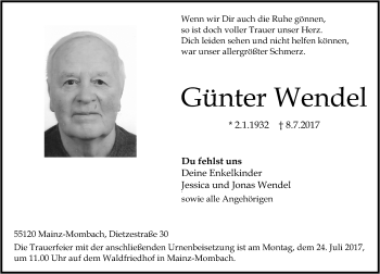 Traueranzeige von Günter Wendel von Trauerportal Rhein Main Presse