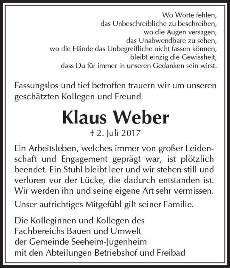  Traueranzeige für Klaus Weber vom 08.07.2017 aus Trauerportal Echo Online