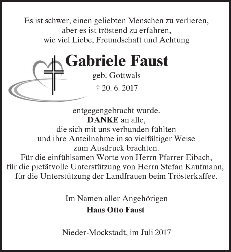  Traueranzeige für Gabriele Faust vom 15.07.2017 aus  Kreisanzeiger