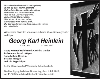 Traueranzeige von Georg Karl Heinlein von Trauerportal Echo Online