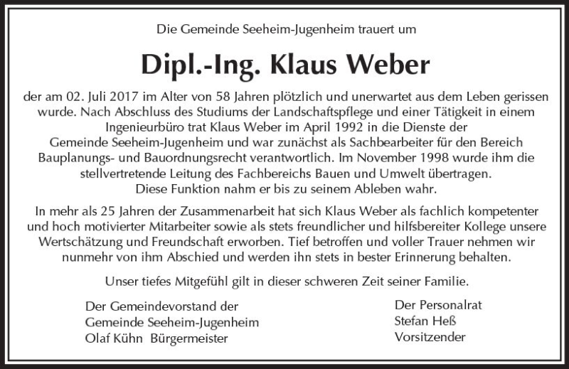  Traueranzeige für Klaus Weber vom 08.07.2017 aus Trauerportal Echo Online
