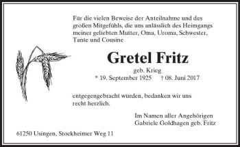 Traueranzeige von Gretel Fritz von  Usinger Anzeiger