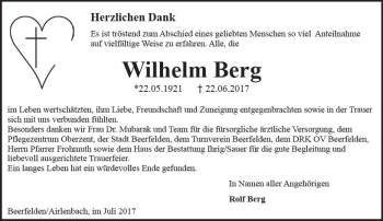 Traueranzeige von Wilhelm Berg von Trauerportal Echo Online